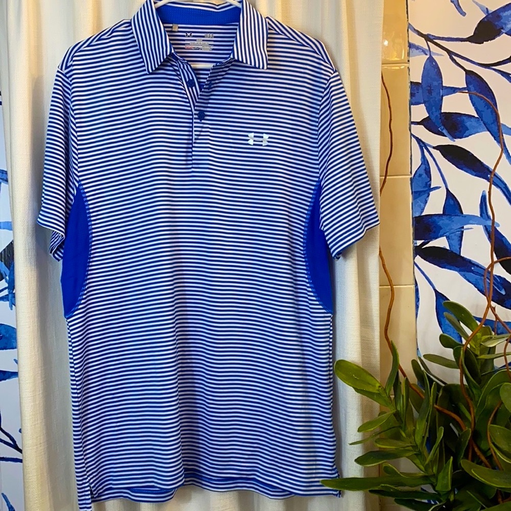 Men’s Blue and White Stripe Under Armour Heat Gear Loose Fit Athletic Polo